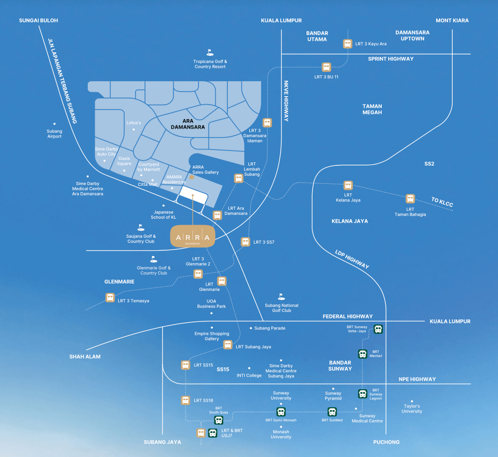 Map showing ARRA Residences near LRT Ara Damansara and Citta Mall